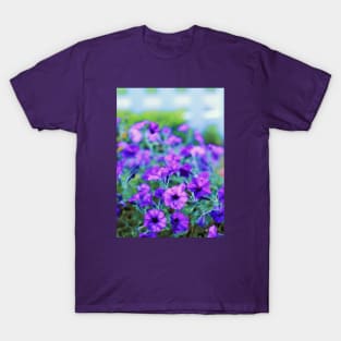 Purple Petunias in front of White Fence T-Shirt